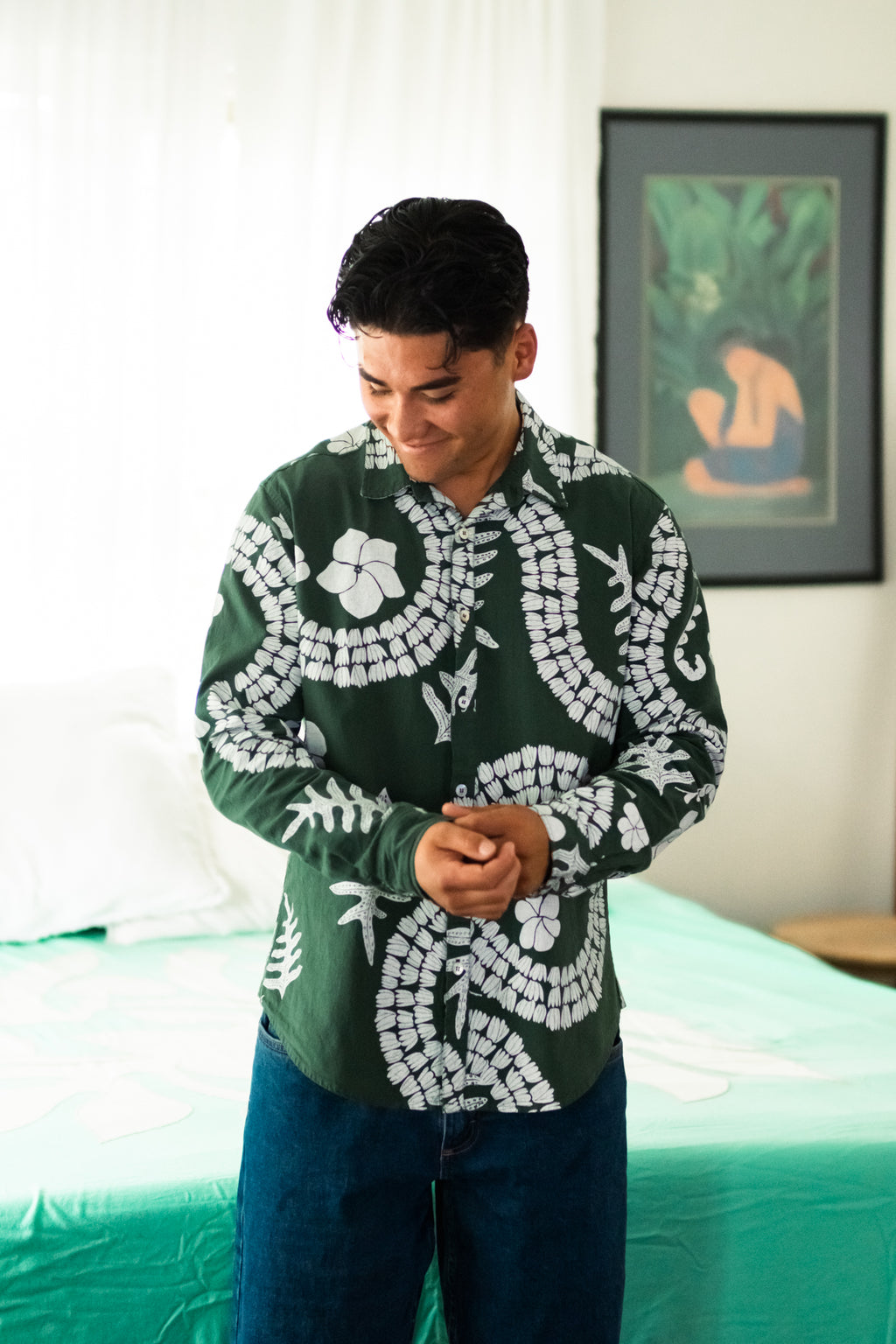 He Aloha no Tahiti | Long-sleeve Aloha Shirt - dark green