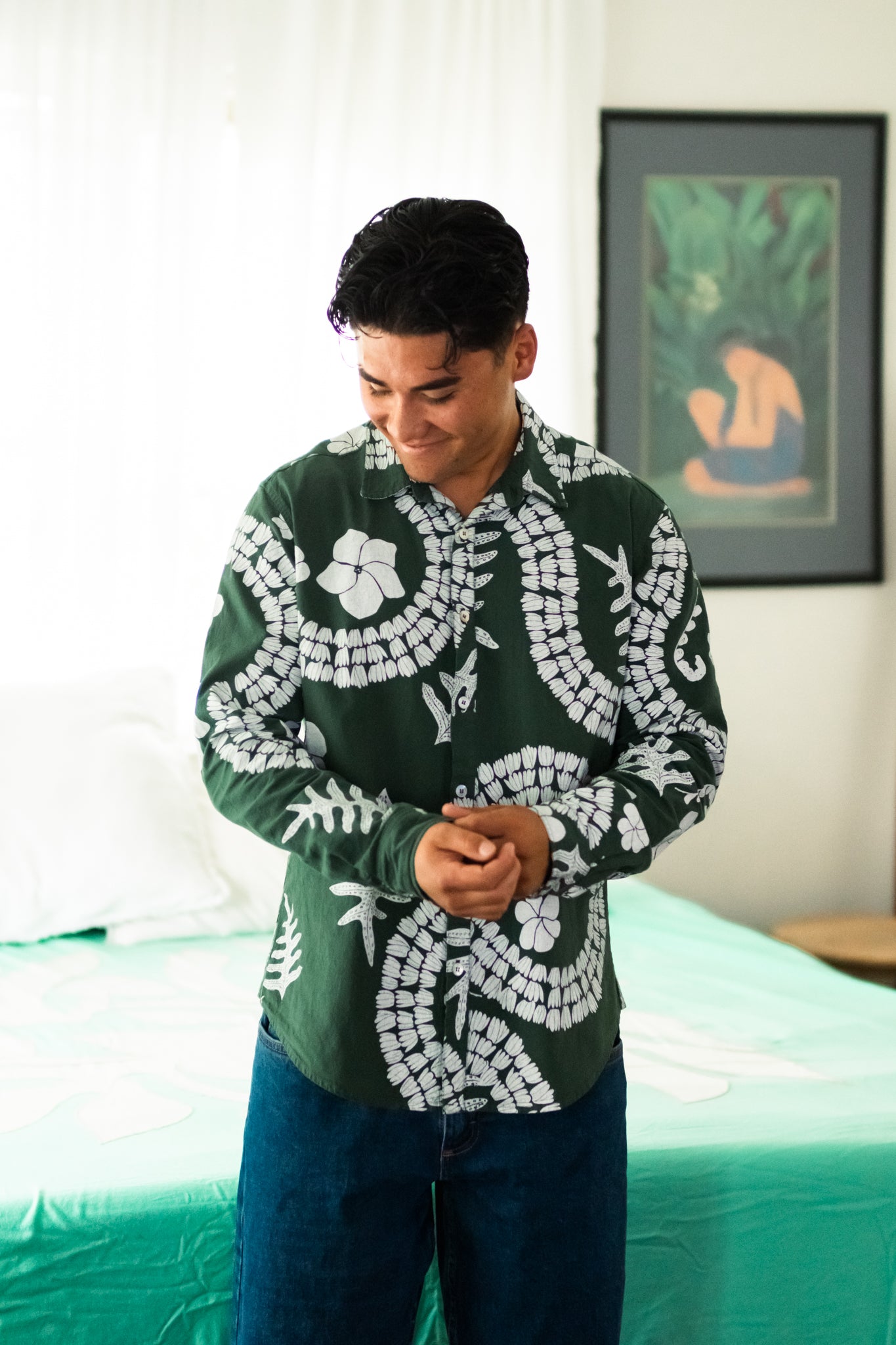 He Aloha no Tahiti | Long-sleeve Aloha Shirt - dark green